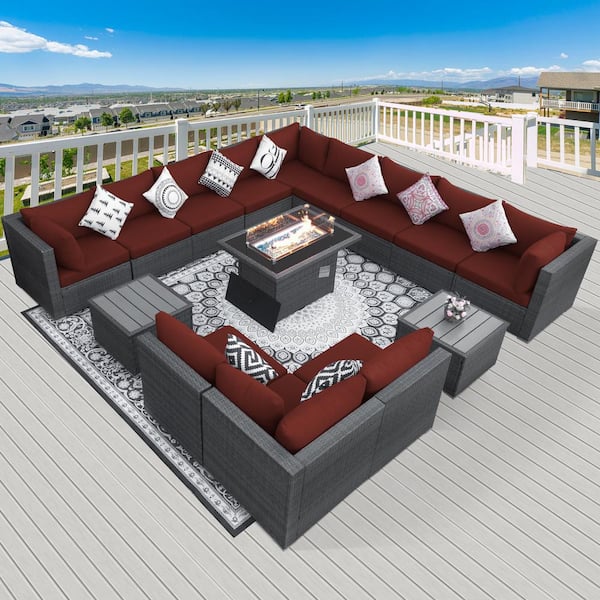 NICESOUL 15-Piece Large Size Gray Wicker Patio Conversation Sofa Set with Dark Red Cushions Fire Pit Table and Coffee Tables