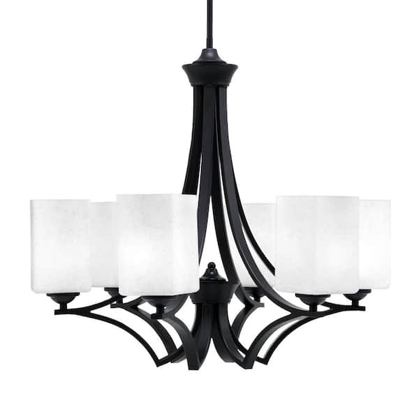Unbranded Clevelend 6-Light Matte Black Round Chandelier with 4 in. Square White Muslin Glass Shades, No bulbs included