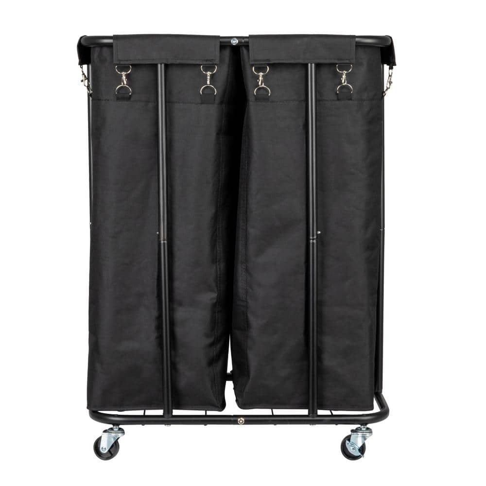 Black Metal 2-Bag Rolling Laundry Sorter with Wheels
