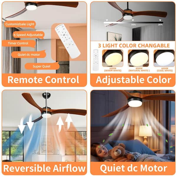 Wood Leaf Series 52 in. Smart Brown Ceiling Fan Low Profile 3-Blade Solid Wood, Warm Light LED with Remote,Downrod Mount