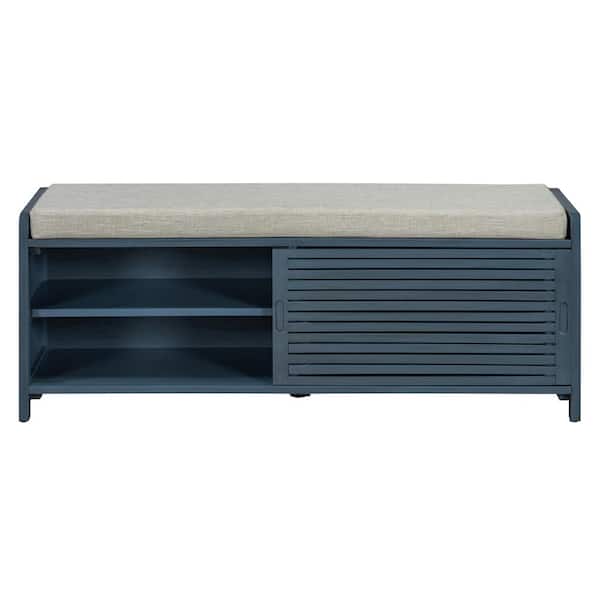 43.3 in. W x 15.3 in. D x 16.5 in. H Navy Wood Outdoor Storage Cabinet, Distressed Shutter Storage Bench for Living Room