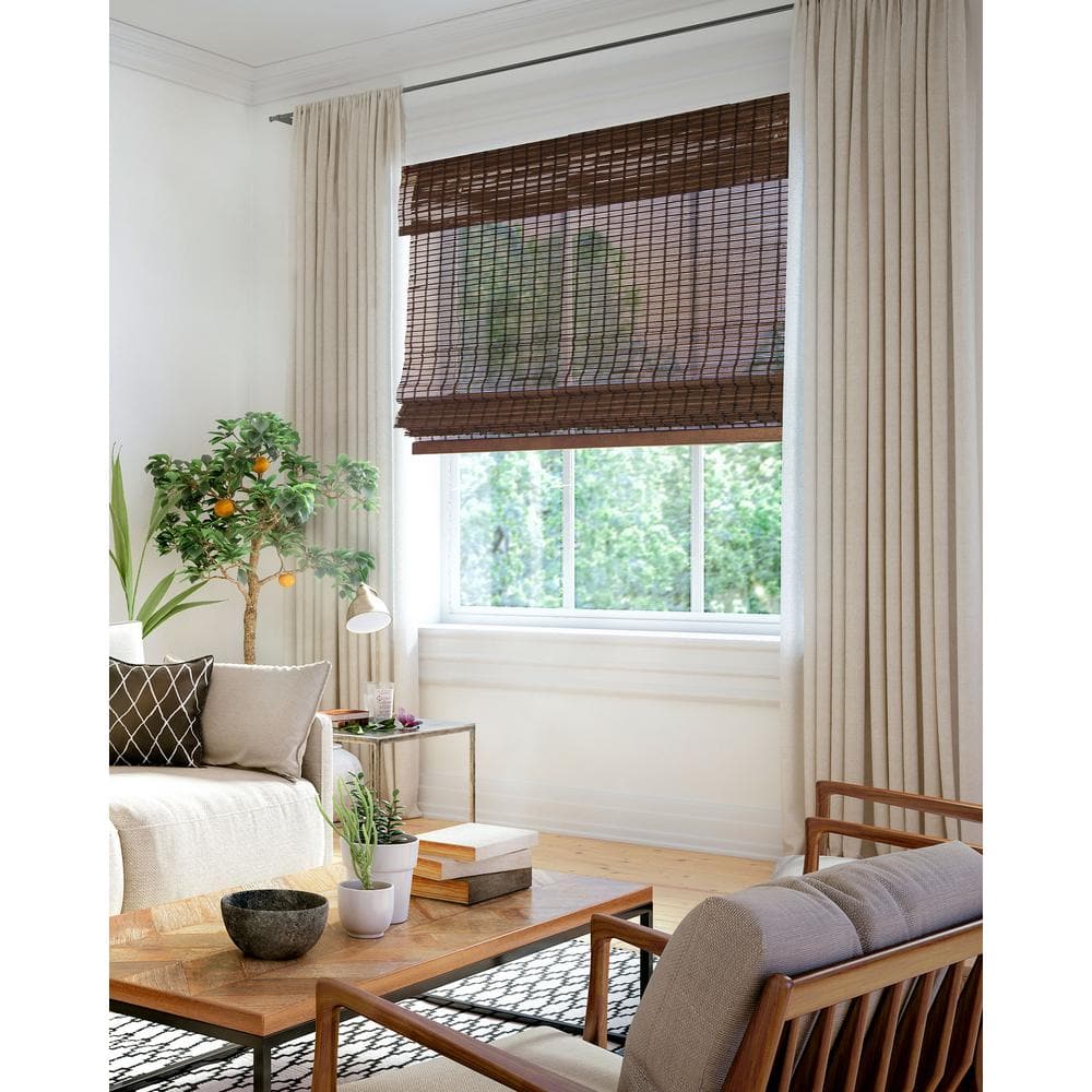 Premium True-to-Size Brown Buffalo Cordless Light Filtering Natural Woven Bamboo Roman Shade 34 in. W x 64 in. L