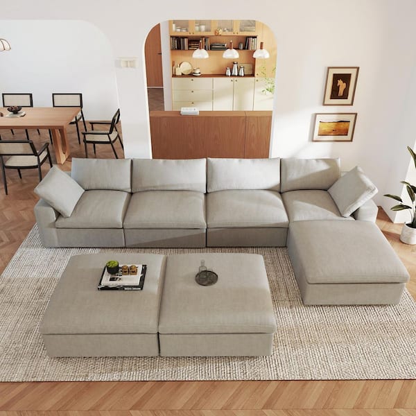 118 in. Square Arm 5-Piece Linen L-shaped Sectional Sofa Corner Cloud Couch in. Gray with Ottoman