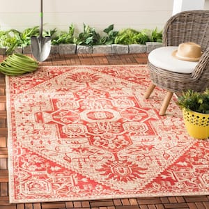 Beach House Red/Cream 7 ft. x 7 ft. Square Geometric Indoor/Outdoor Patio  Area Rug