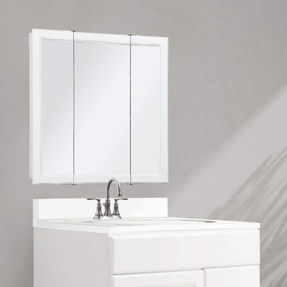 White Tri-View Surface-Mount Bathroom Medicine Cabinet with Solid Wood Frame