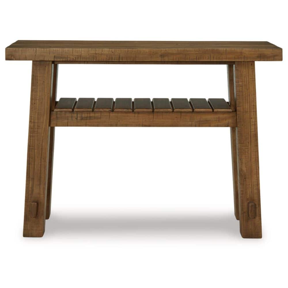 Light Brown Pine Wood Sofa Table with Slatted Shelf