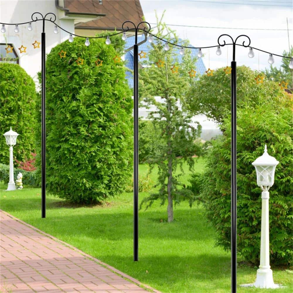 Black Steel Outdoor String Light Poles with Arc Hook and 5-Prong Base - 10 ft