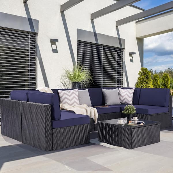 SANSTAR 7-Piece Patio Conversation Sofa Set Furniture Sectional Seating Set with Navy Blue Cushion & Tempered Glass Desktop