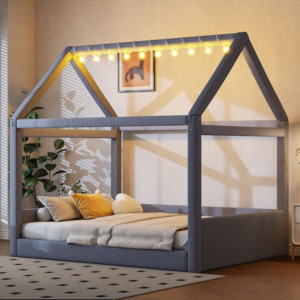 Grey Gray Wood Frame Full Upholstered Platform Bed with LED Light Strips