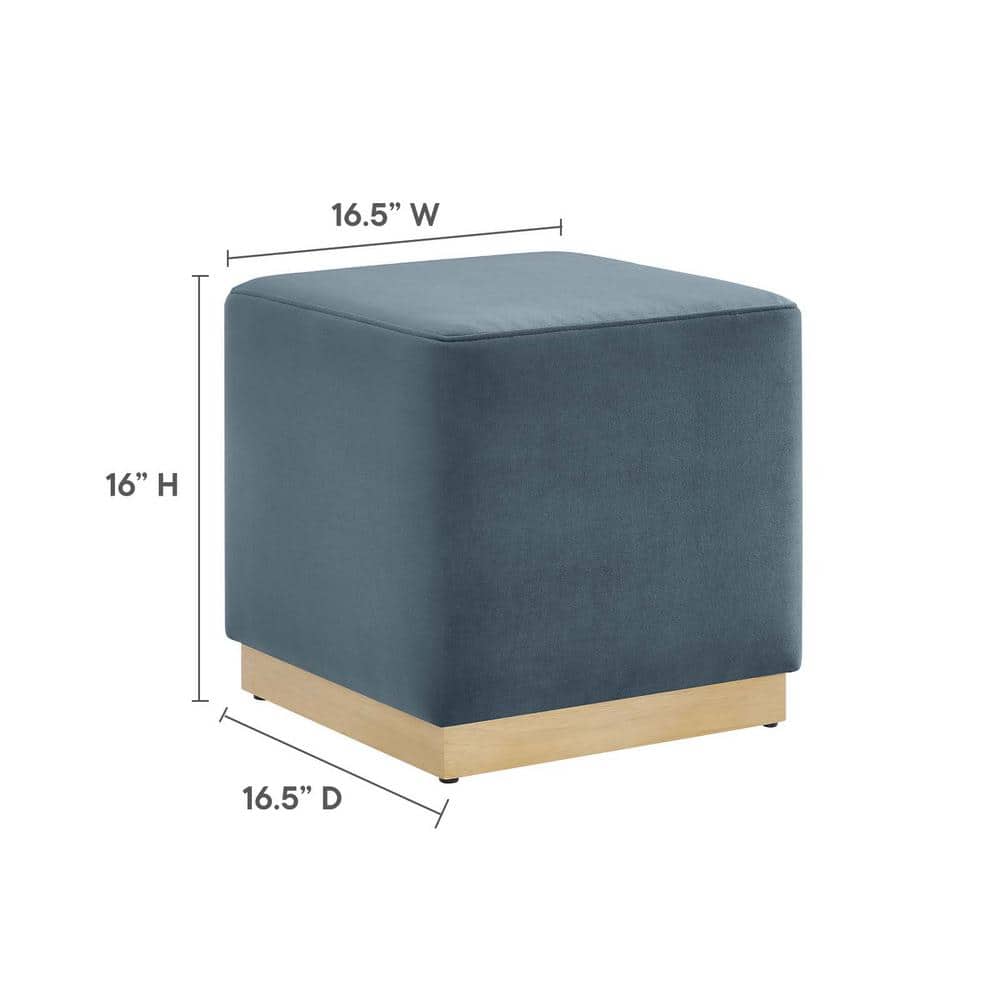 Cadet Blue Velvet Upholstered Ottoman with Rubberwood Base
