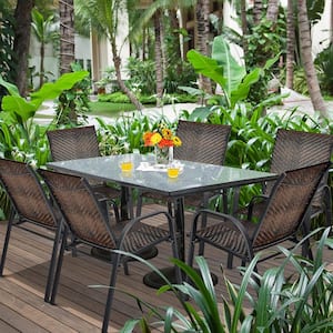 Set of 12 Patio Rattan Dining Chairs Stackable Armrest Garden Mix Brown