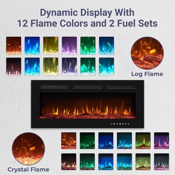 HOMESTOCK 30 in. Black Electric Fireplace Wall Mounted Fireplace LED w/12 Colors, Touch Screen, Remote, Logset and Crystal Stones