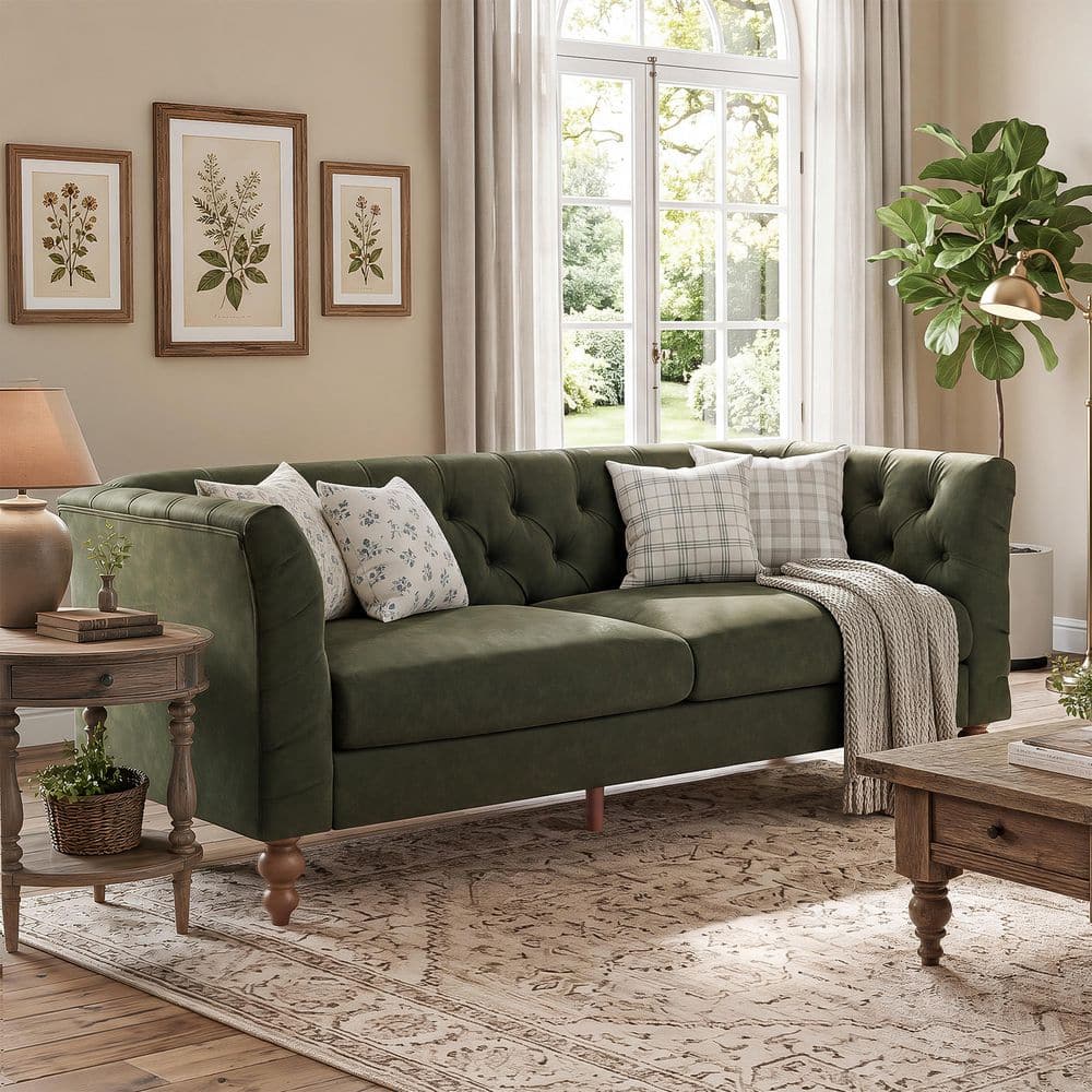 Modern 73.5 in. Flared Arms PU Faux Leather Tufted Upholstered 3-Seater Chesterfield Sofa in Green price history on PriceWatchPro