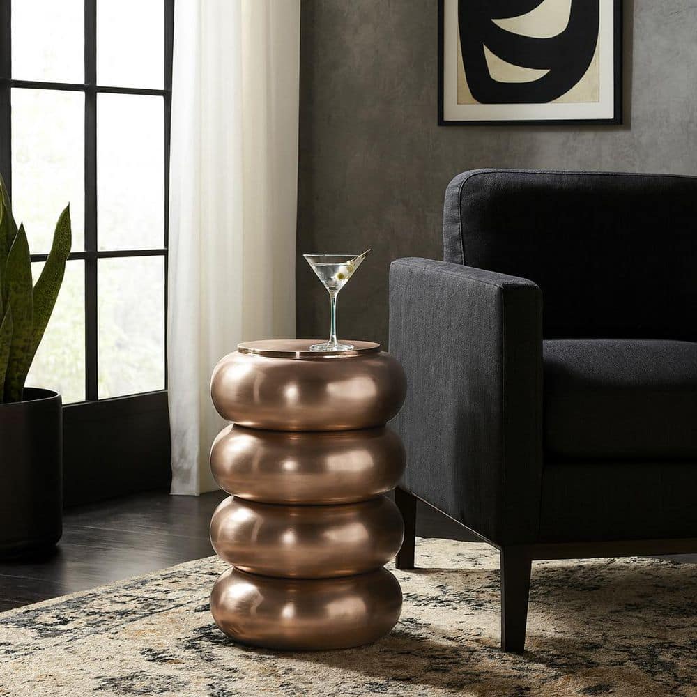 14 in. Gold Round Metal Polished Drum Accent End Table