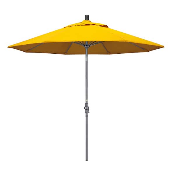 California Umbrella 9 ft. Hammertone Grey Aluminum Market Patio Umbrella with Collar Tilt Crank Lift in Sunflower Yellow Sunbrella