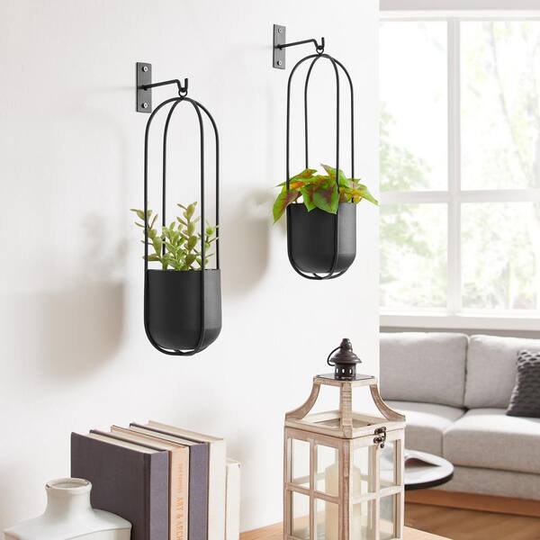 DANYA B Walter 2-Piece Modern Black Metal Oval Hanging Planter Set with  Chain Hanging Option SE24396 - The Home Depot
