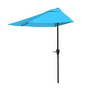 9 ft. Steel Outdoor Half Round Patio Market Umbrella with Easy Crank Lift in Brilliant Blue