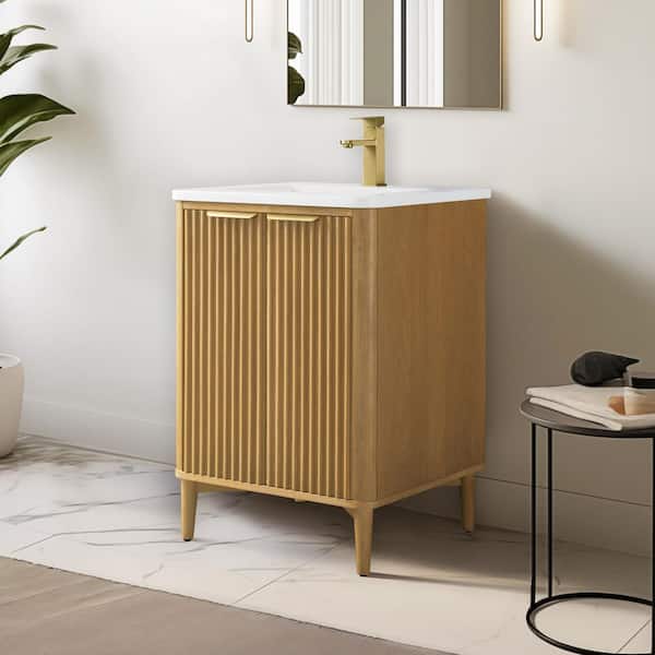 Levin 24 in. W x 22 in. D x 35 in. H Single Sink Freestanding Bath Vanity in Sunlit Oak with Engineered Stone Top