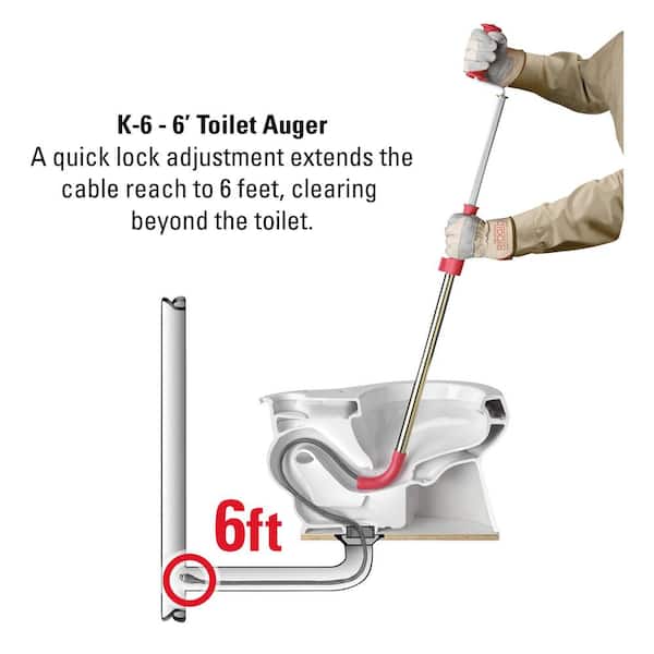 RIDGID K-6P Hybrid Toilet Snake Auger, Cable Extends to 6 ft. with  Integrated Bulb Head (Manual or Cordless Drill Operated) 56658 - The Home  Depot