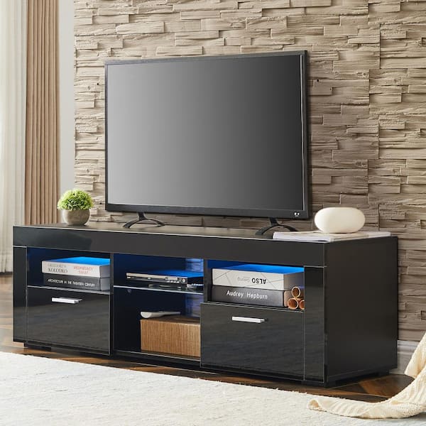 Seafuloy 51.2 in. W Black Particleboard TV Stand with LED Lights and Super Storage Space Maximum Television Size for 55 in.