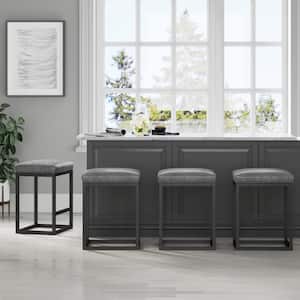 Nelson 24 in. Gray Leather Cushion and Black Stainless Steel Frame Metal Counter Height Bar Stool, Set of 4