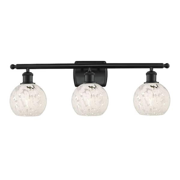 White Mouchette 26 in. 3-Light Matte Black Vanity Light with Glass Shade