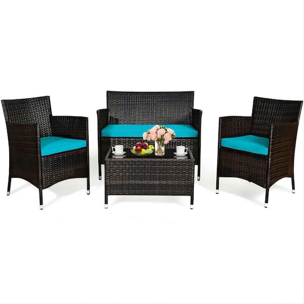 Alpulon 4-Piece Wicker Patio Conversation Set with Turquoise Cushions
