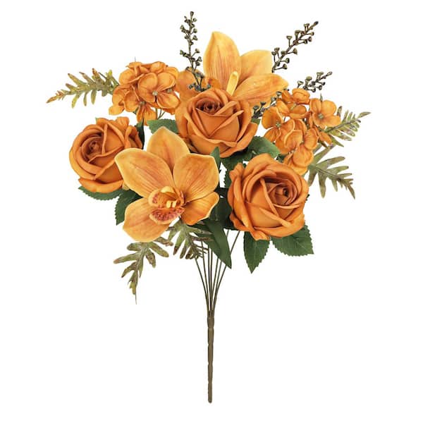 16 in. Cafe Brown Artificial Mixed Rose Cymbidium Orchid Hydrangea Flower Stem Bush Bouquet (Set of 2)