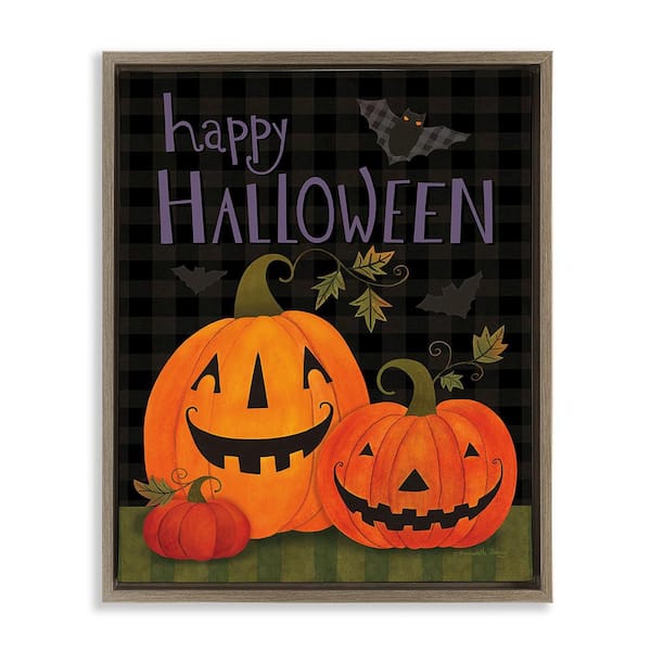 Stupell Industries Pumpkins and Bat on Plaid by Bernadette Deming 1-Piece Floater Frame Graphic Print Typography Art Print 21 in. x 17 in.
