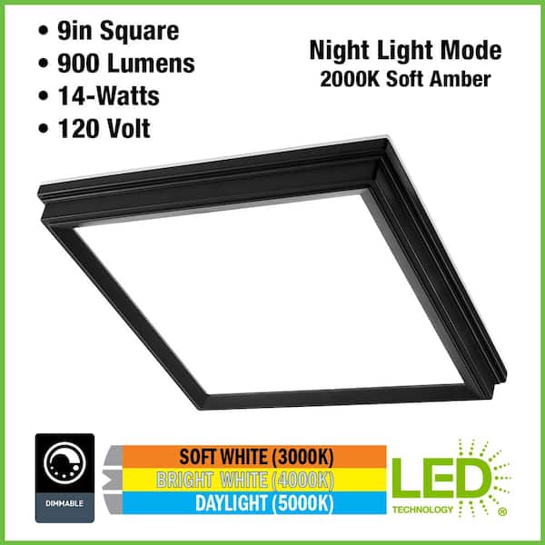 9 in. Matte Black Square Thin Profile LED Flush Mount with Night Light 900LM Adjustable CCT J-box Compatible (24-Pack)