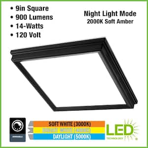 Low Profile 9 in. Matte Black Square LED Flush Mount with Night Light Feature J-Box Compatible Dimmable 900 Lumens