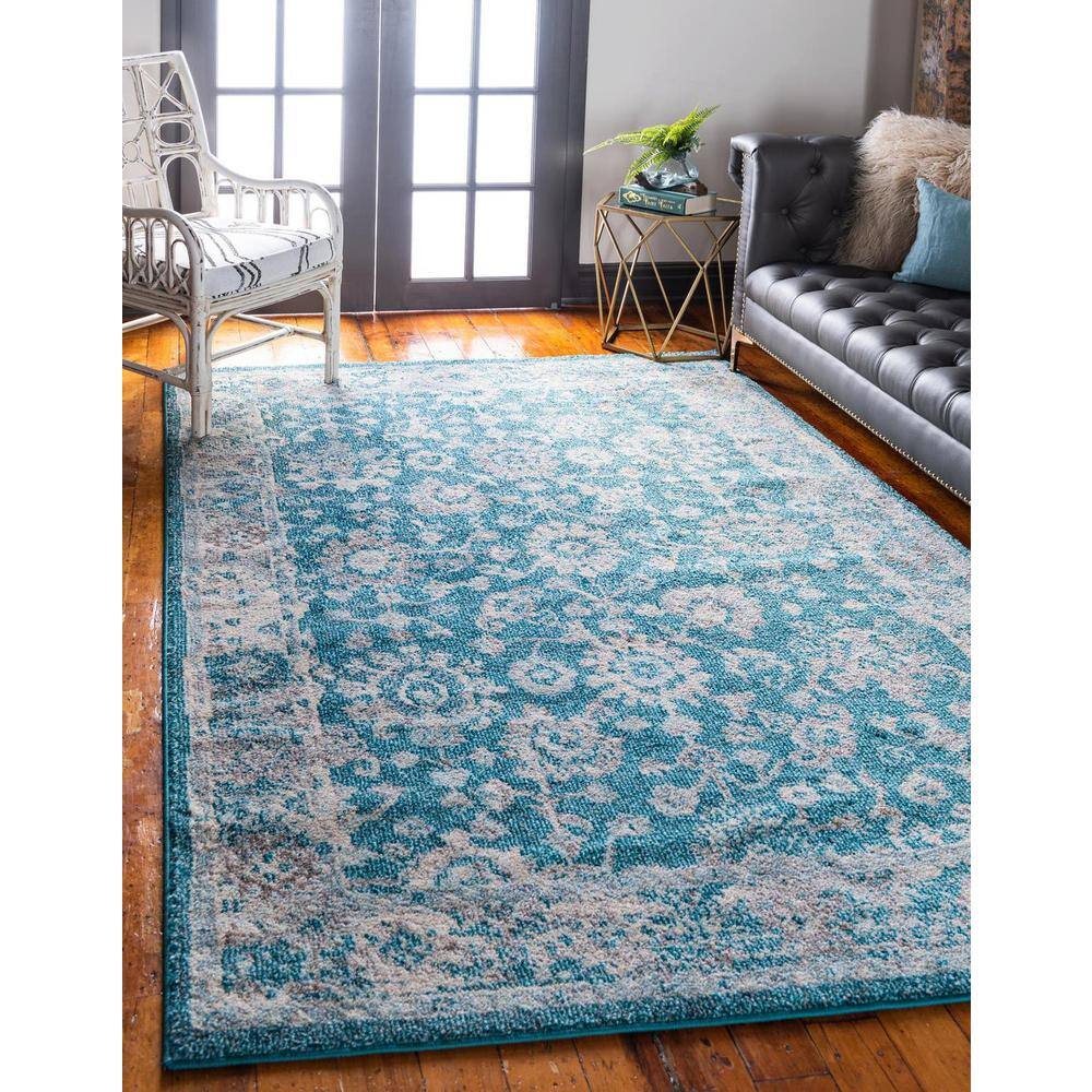 Turquoise Floral Synthetic Easy Care Rectangular Area Rug