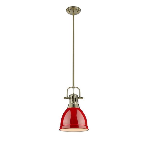 Golden Lighting Duncan AB 1-Light Aged Brass Pendant with Red Shade
