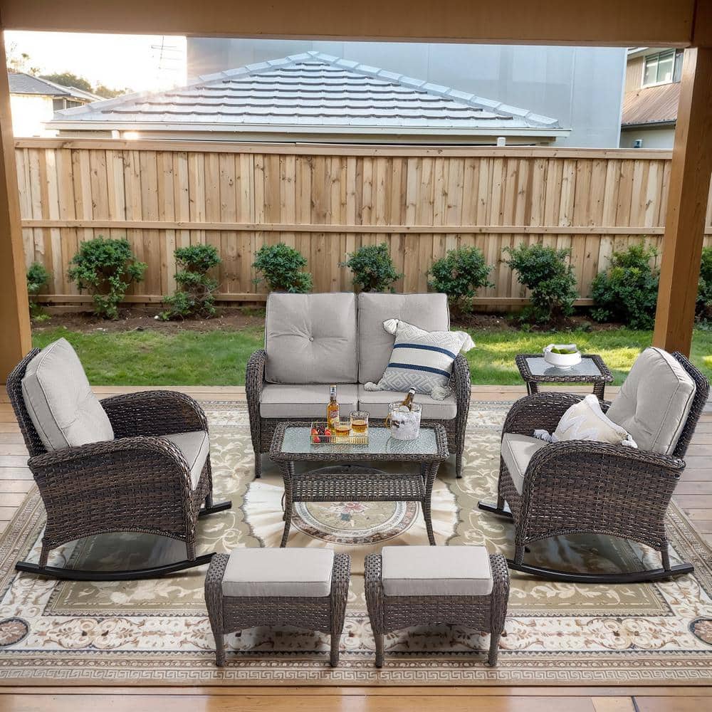 Brown 7-Piece Wicker Patio Conversation Set with Rocking Chairs, Outdoor Loveseat Seating Set with Beige Cushions price history on PriceWatchPro