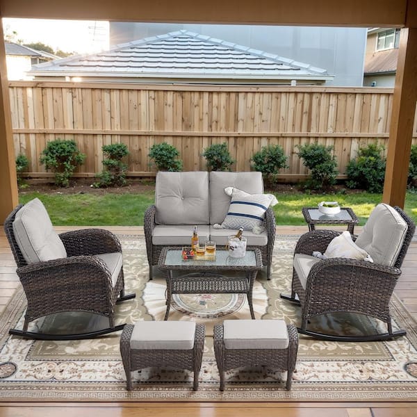 Opohoro Brown 7-Piece Wicker Patio Conversation Set with Rocking Chairs, Outdoor Loveseat Seating Set with Beige Cushions
