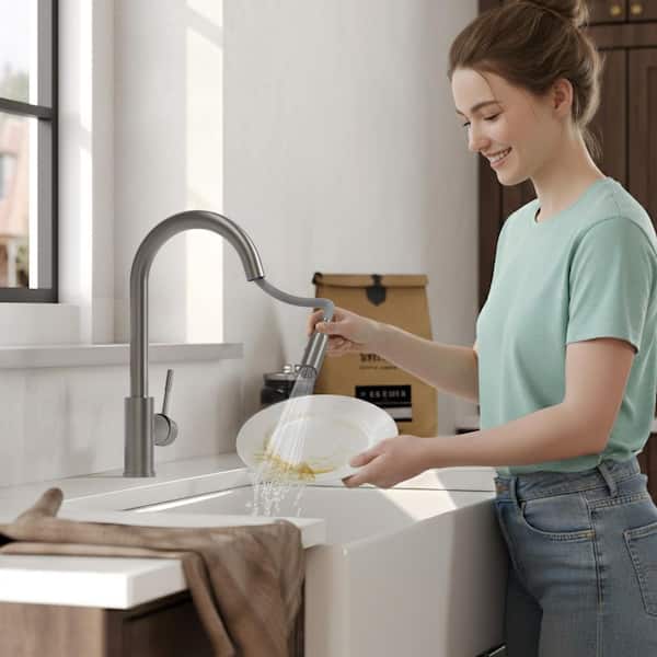 16 in. Height 360° Spout Swivel Single Handle Pull Out 2-Sprayer Kitchen Faucet with Brass Rough-in Valve Brushed Nickel