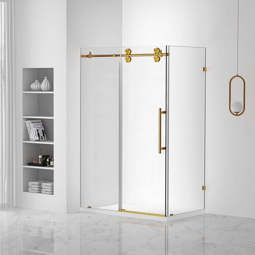 48 in. W x 74.25 in. H Sliding Frameless Corner Shower Enclosure in Satin Brass price history on PriceWatchPro