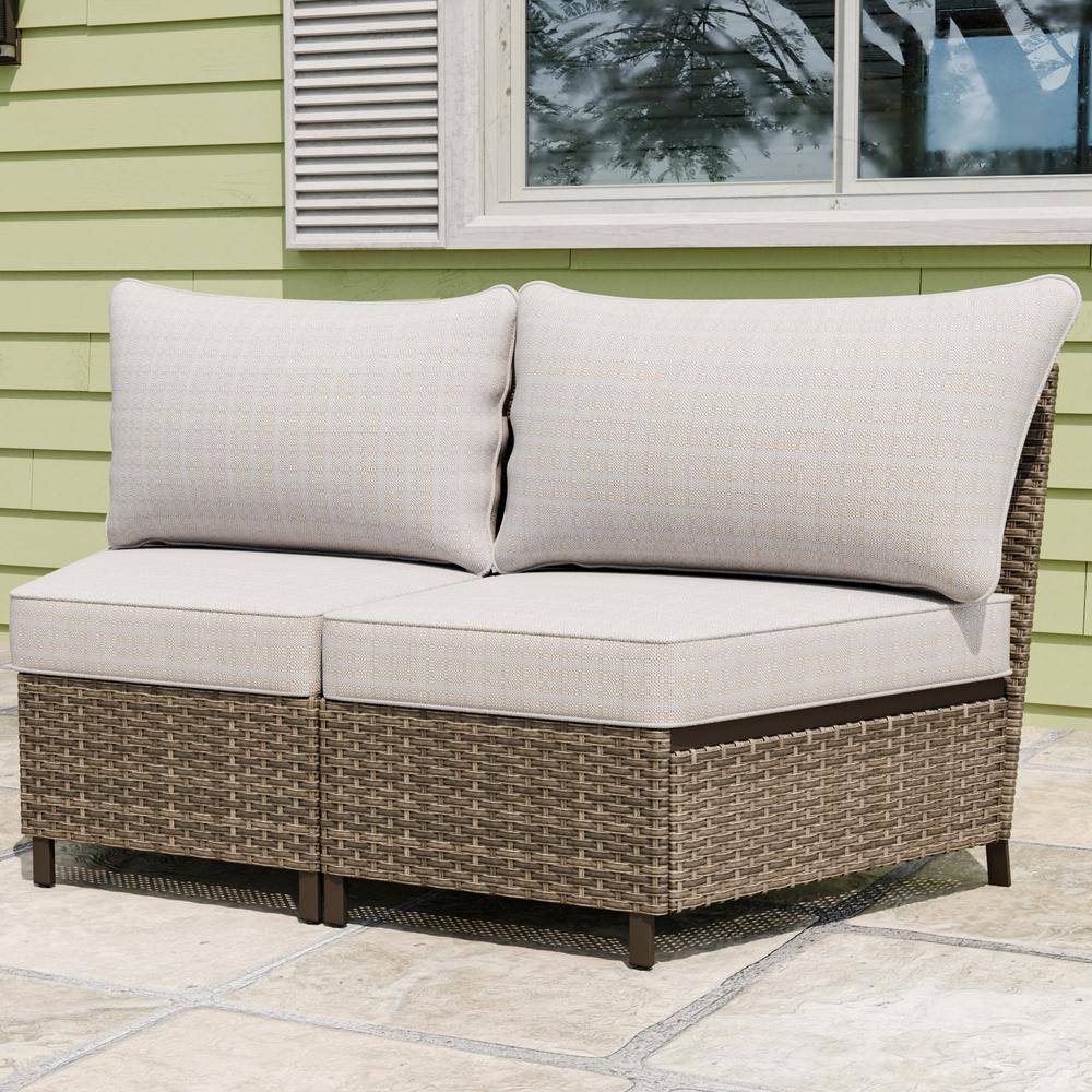 Beige Wicker Armless Outdoor Chairs with Cushions, 2-Piece Set