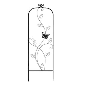 46 in. Decorative Leafy Vine and Butterfly Design Metal Garden Trellis for Climbing Plants in Black