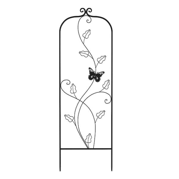 Pure Garden 46 in. Decorative Leafy Vine and Butterfly Design Metal Garden Trellis for Climbing Plants in Black