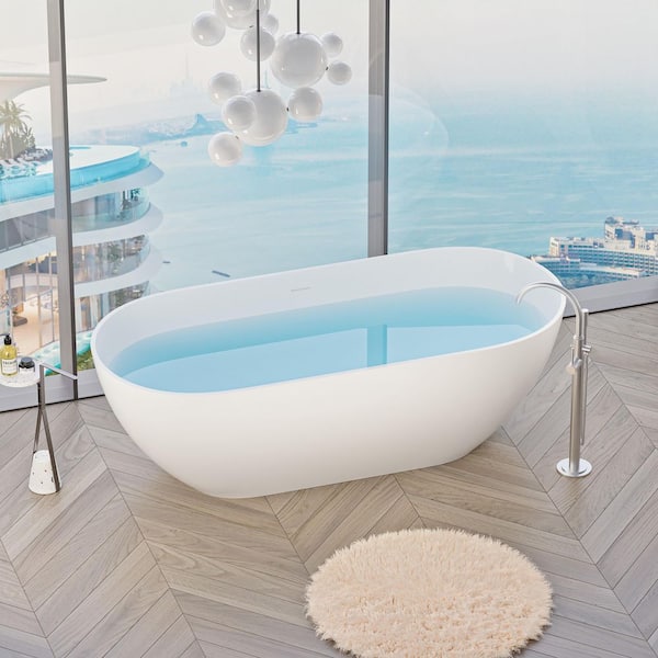 59 in. x 29.5 in. Luxury Handcrafted Stone Resin Freestanding Soaking Bathtub with Overflow in Glossy White
