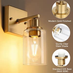 4 in. 1-Light Modern Brushed Gold Wall Sconce Light with Clear Glass Shade,Vanity Lighting over Mirror