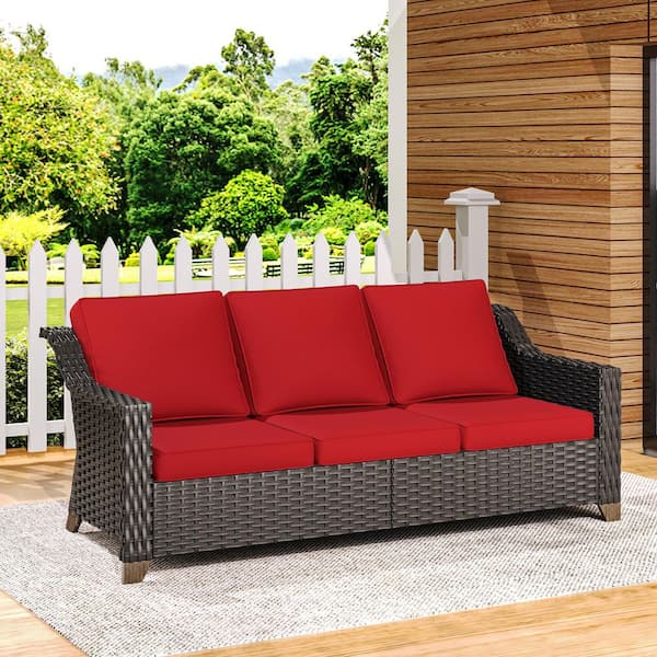 JOYSIDE Wicker Outdoor Patio Sectional Sofa with Thick Baby Red Cushions