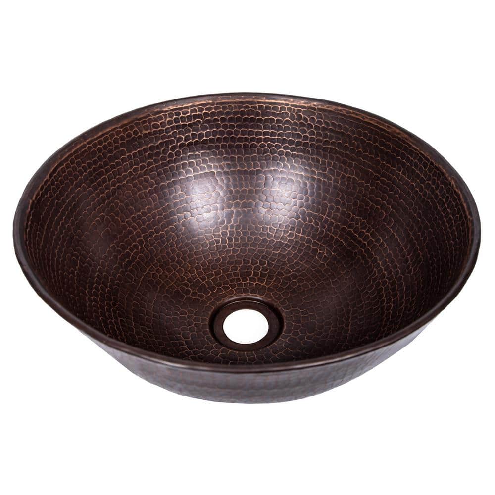 Antique Dark Copper Hand Hammered Vessel Sink, 14-inch
