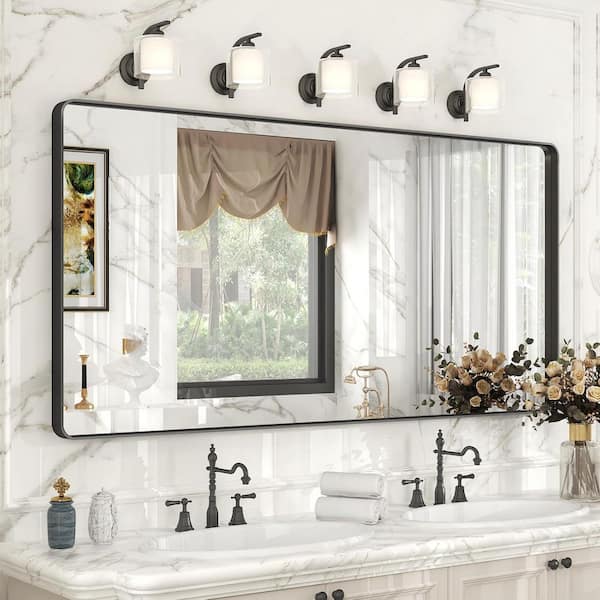 60 in. W x 28 in. H Rectangular Framed French Cleat Wall Mounted Tempered Glass Bathroom Vanity Mirror in Matte Black