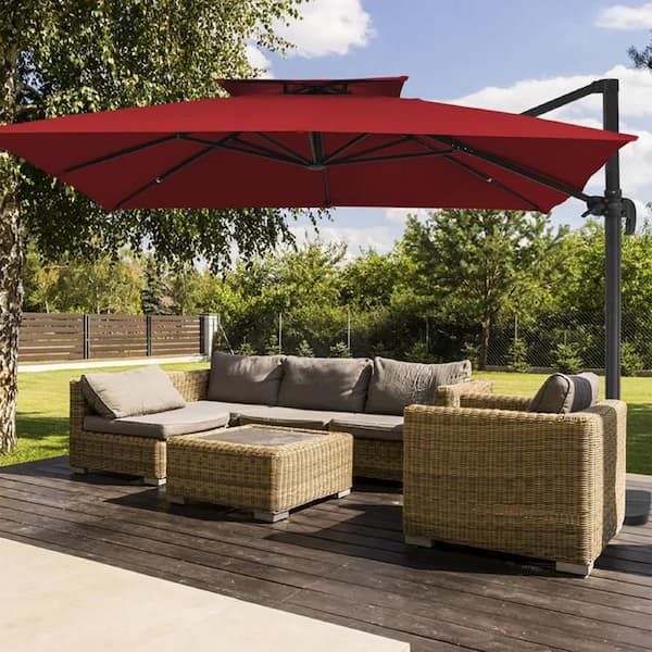 JEAREY 11 ft. x 11 ft. Square Two-Tier Top Rotation Outdoor Cantilever Patio Umbrella with Cover in Red