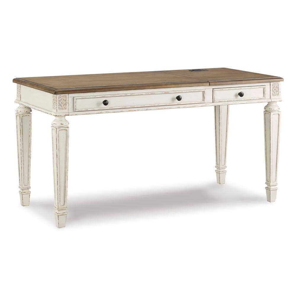 Rustic White & Brown Home Office Desk with Power Outlets and USB Ports