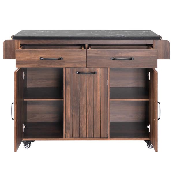 Nestfair Walnut Brown Wood 51 in. Kitchen Island with Trash Can