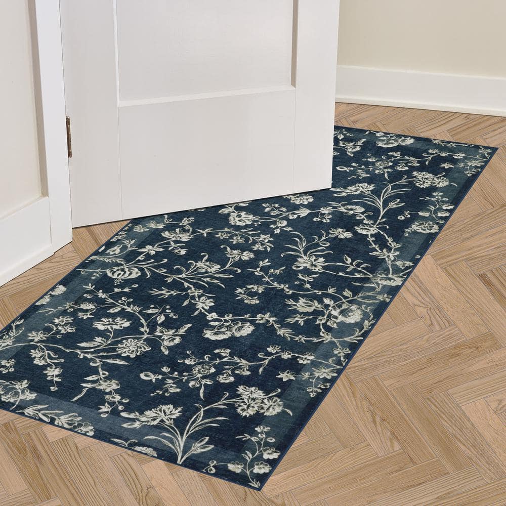 Dark Navy Floral Chenille Machine Washable Non-Slip Rug Set