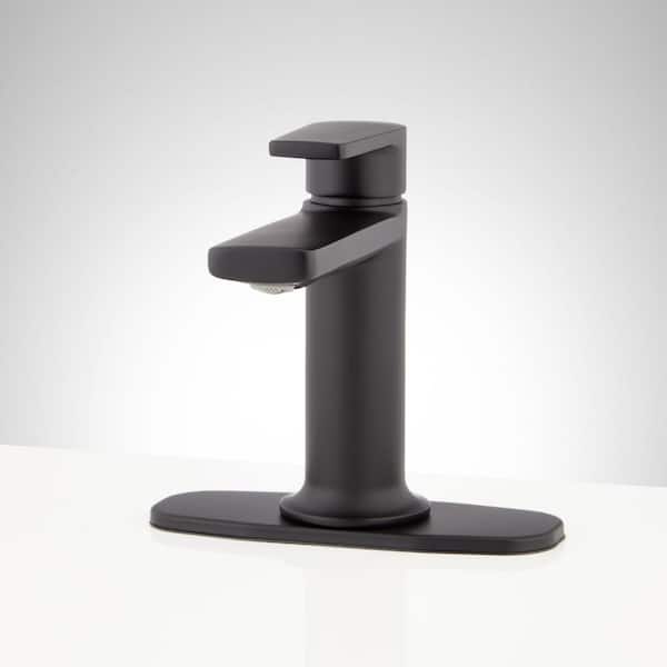 SIGNATURE HARDWARE Berwyn Single Handle Mid Arc Single Hole Bathroom Faucet with Deckplate Included and Drain Kit Included in Matte Black